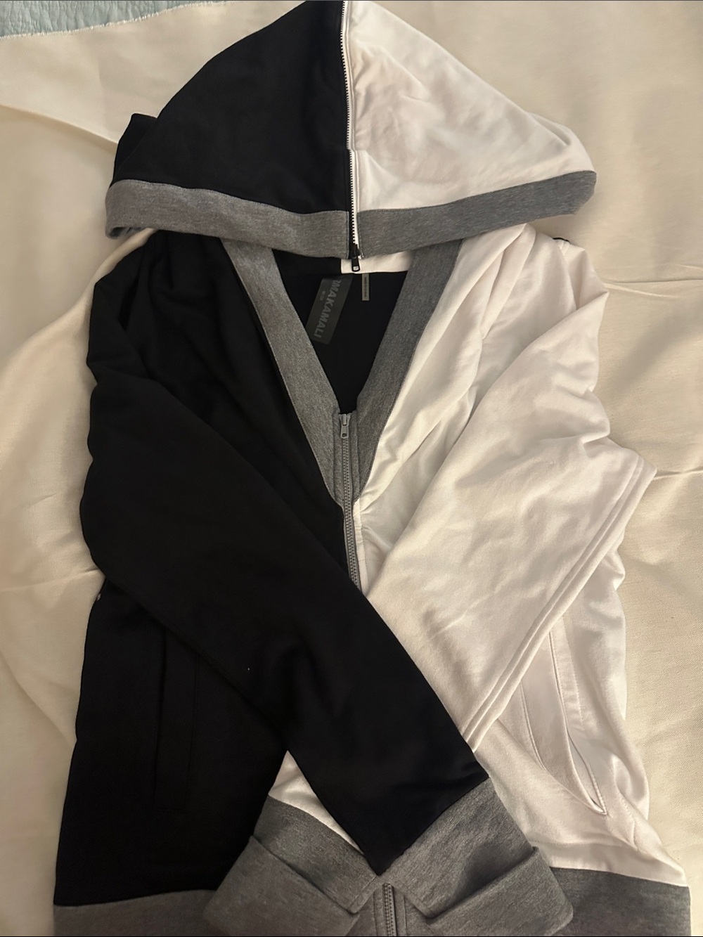 Norma Kamali Black, White & Gray Colorblock Hooded Zip Jacket